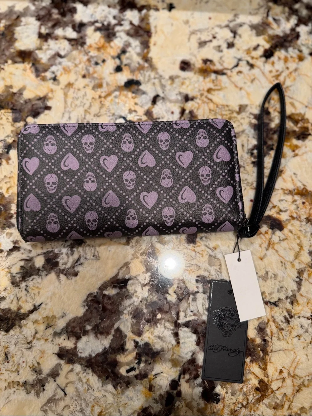 Ed Hardy NWT Black and Pink Skull Zip Around Wristlet Wallet